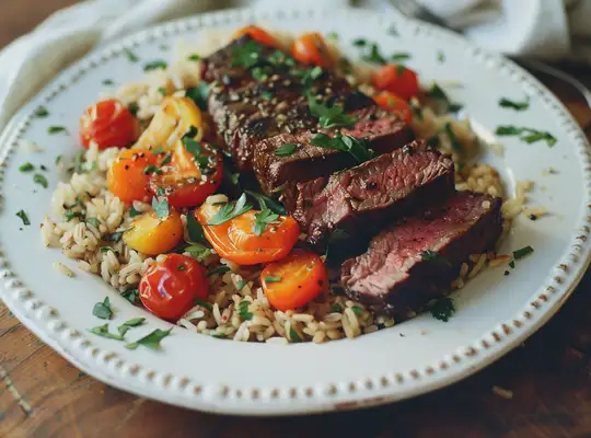 Stashcook | Herb-Crusted Sirloin with Brown Rice and Roasted Vegetables