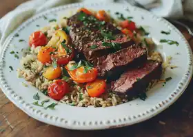 Herb-Crusted Sirloin with Brown Rice and Roasted Vegetables recipe