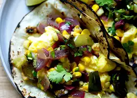 Breakfast Tacos with Roasted Poblano, Onion, and Corn Salsa recipe