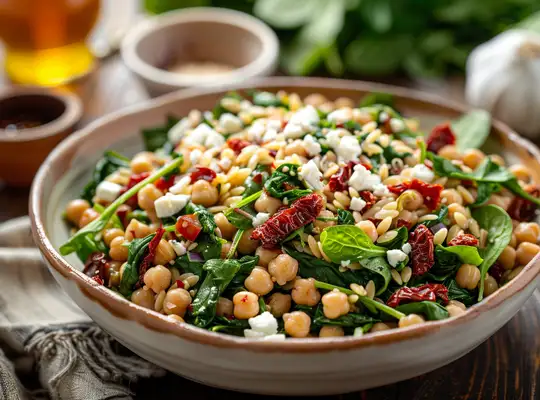 Stashcook | Mediterranean Orzo Salad with Chickpeas, Sun-Dried Tomatoes &amp; Spinach