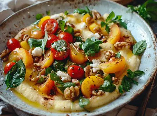 Stashcook | Herbed Polenta with Nectarine, Cherry Tomato & Walnut Salad