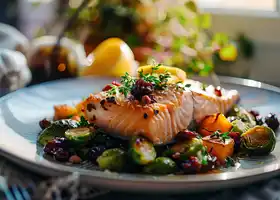 Lemon Glazed Salmon with Cherry Brussels Sprouts & Butternut Squash recipe