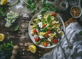 Spring Vegetable Pasta with Almond Pesto and Creamy Goat Cheese recipe