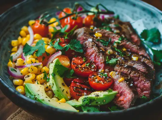 Stashcook | Pan-Seared Steak with Cherry Tomato & Sweet Corn Salad