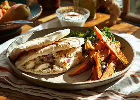 Chicken-Stuffed Pita with Tangy Pear Salsa & Herbed Carrot Fries recipe