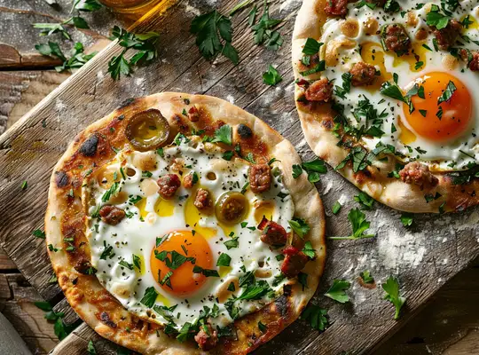 Herbed Yogurt Flatbreads with Spicy Sausage and Fried Eggs