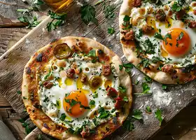 Herbed Yogurt Flatbreads with Spicy Sausage and Fried Eggs recipe