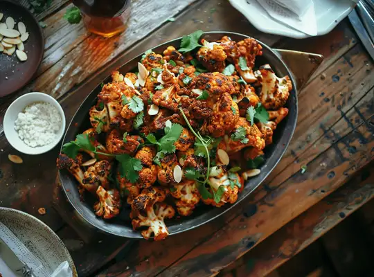 Roasted Harissa Cauliflower with Almond Crumble