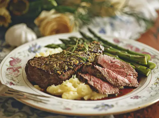 Stashcook | Herb-Crusted Sirloin with Roasted Garlic Mashed Potatoes & Asparagus