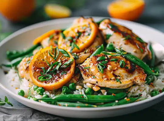 Stashcook | Citrus Chicken & Green Bean Stir Fry with Broccoli Rice