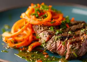 Grilled Flank Steak with Spicy Carrot Spirals & Herb Oil recipe