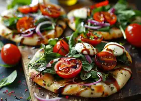 Balsamic Glazed Vegetable Flatbread with Spinach Salad recipe