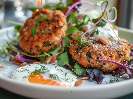 Stashcook | Herbed Salmon Patties with Lemon Yogurt Sauce & Mixed Greens