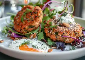 Herbed Salmon Patties with Lemon Yogurt Sauce & Mixed Greens recipe