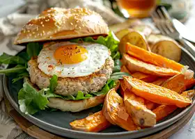 Turkey Burger with Spicy Mayo & Sweet Potato Wedges recipe