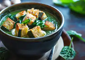 Roasted Vegetable Soup with Spinach and Herbed Croutons recipe