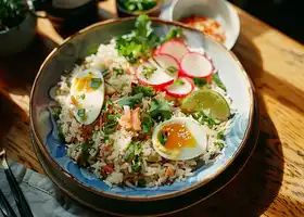 Egg Fried Rice with Quick Pickled Radish & Spicy Mayo recipe