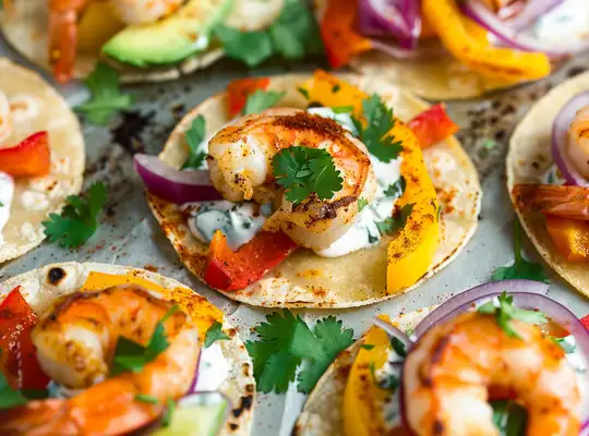 Stashcook | Spicy Shrimp and Bell Pepper Tacos with Cilantro-Lime Sauce