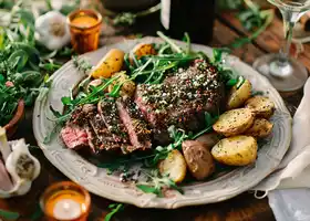 Herb-Crusted Ribeye with Garlic Potatoes and Arugula Salad recipe