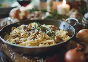 Caramelized Onion and Mushroom Pasta with Parmesan Crumbs recipe