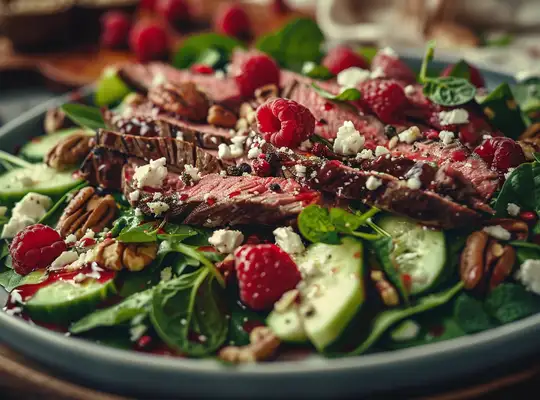 Stashcook | Beef Salad with Pecans, Feta & Raspberry-Mint Dressing