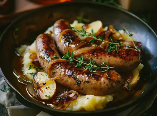 Stashcook | Herbed Pork Sausages with Caramelized Onions & Apple Mash