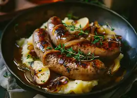 Herbed Pork Sausages with Caramelized Onions & Apple Mash recipe