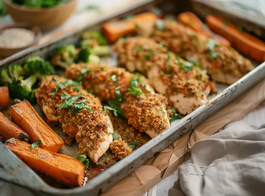 Stashcook | Herb-Crusted Chicken Strips with Honey Mustard & Root Veggies