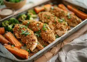 Herb-Crusted Chicken Strips with Honey Mustard & Root Veggies recipe