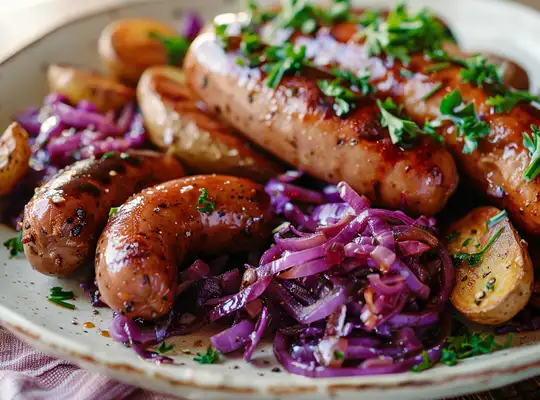 Stashcook | Roasted Bratwurst with Sweet-Sour Cabbage & Mustard Glazed Potatoes