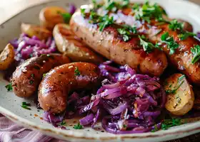 Roasted Bratwurst with Sweet-Sour Cabbage & Mustard Glazed Potatoes recipe