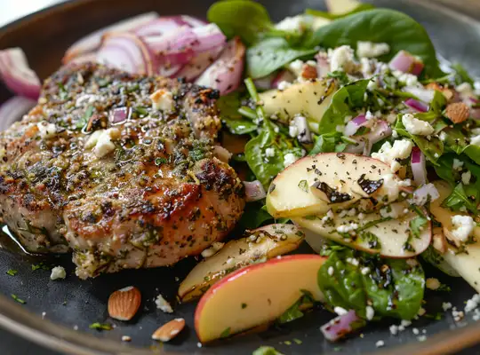 Stashcook | Herb-Crusted Pork Chops with Balsamic Roasted Cabbage & Apple Salad