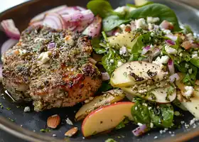 Herb-Crusted Pork Chops with Balsamic Roasted Cabbage & Apple Salad recipe