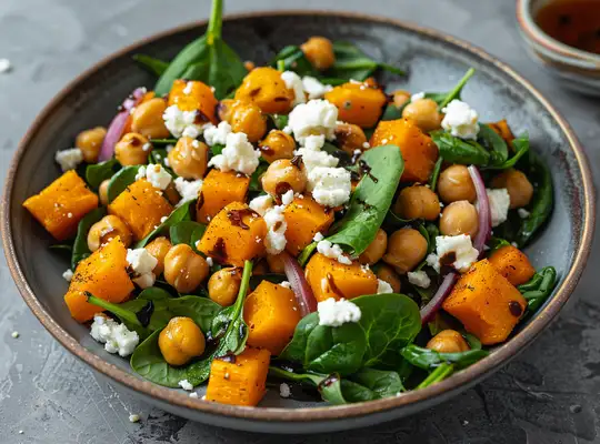 Stashcook | Chickpea, Roasted Butternut Squash & Spinach Salad with Goat Cheese