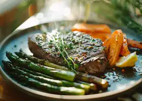 Herb-Seasoned Steak with Lemon-Garlic Asparagus & Carrots recipe