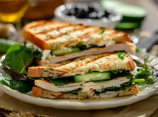Stashcook | Turkey, Spinach & Feta Grilled Sandwich with Mixed Greens Salad