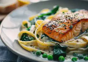 Creamy Fettuccine with Seared Salmon & Dijon Spinach recipe