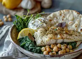 Lemon Herb Baked Haddock with Creamy Chickpeas & Spinach Pesto recipe