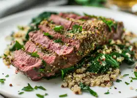 Herb-Crusted Sirloin with Honey-Dijon Spinach, Quinoa & Parsley recipe