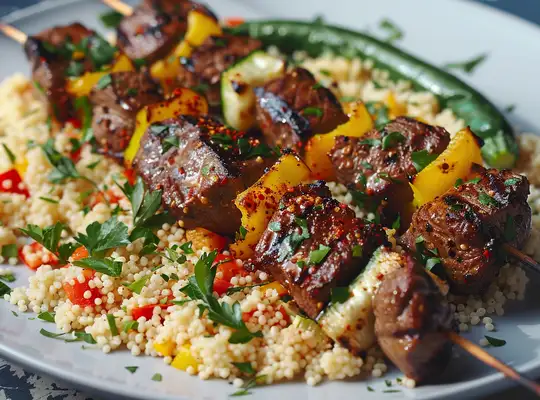 Stashcook | Grilled Beef Skewers with Spiced Couscous & Vegetables