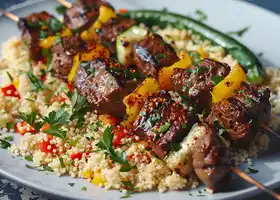 Grilled Beef Skewers with Spiced Couscous & Vegetables recipe