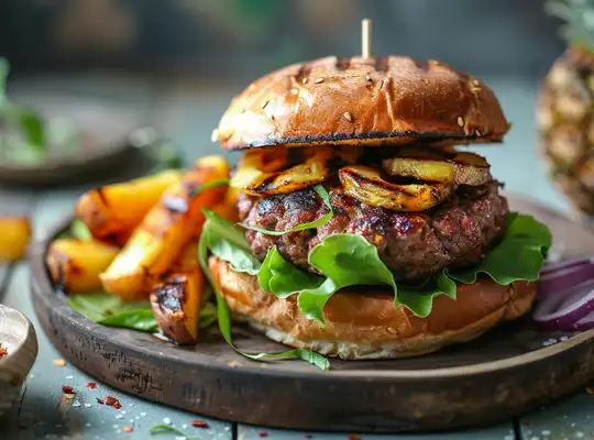 Stashcook | Tropical Pork Burger with Grilled Pineapple & Sweet Potato Fries