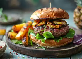 Tropical Pork Burger with Grilled Pineapple & Sweet Potato Fries recipe