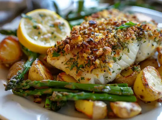 Stashcook | Herb-Crusted Cod with Garlic Roasted Potatoes and Asparagus