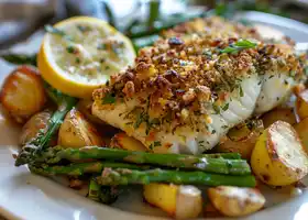Herb-Crusted Cod with Garlic Roasted Potatoes and Asparagus recipe