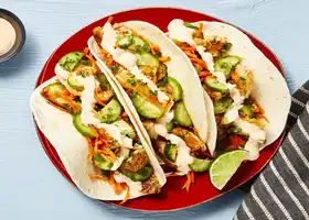 Banh-Mi-Style Chicken Tacos with Pickled Cucumber & Sriracha Mayo recipe