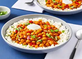 Coconut Curry with Chickpea & Bell Pepper swirled with Yogurt & served with Basmati Rice recipe