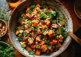 Roasted Sweet Potato Salad with Cranberries, Walnuts & Veggie Patties recipe