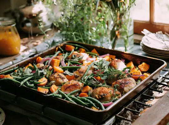 Stashcook | Spicy Chicken, Sweet Potato, and Green Bean Tray Bake