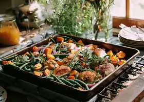 Spicy Chicken, Sweet Potato, and Green Bean Tray Bake recipe